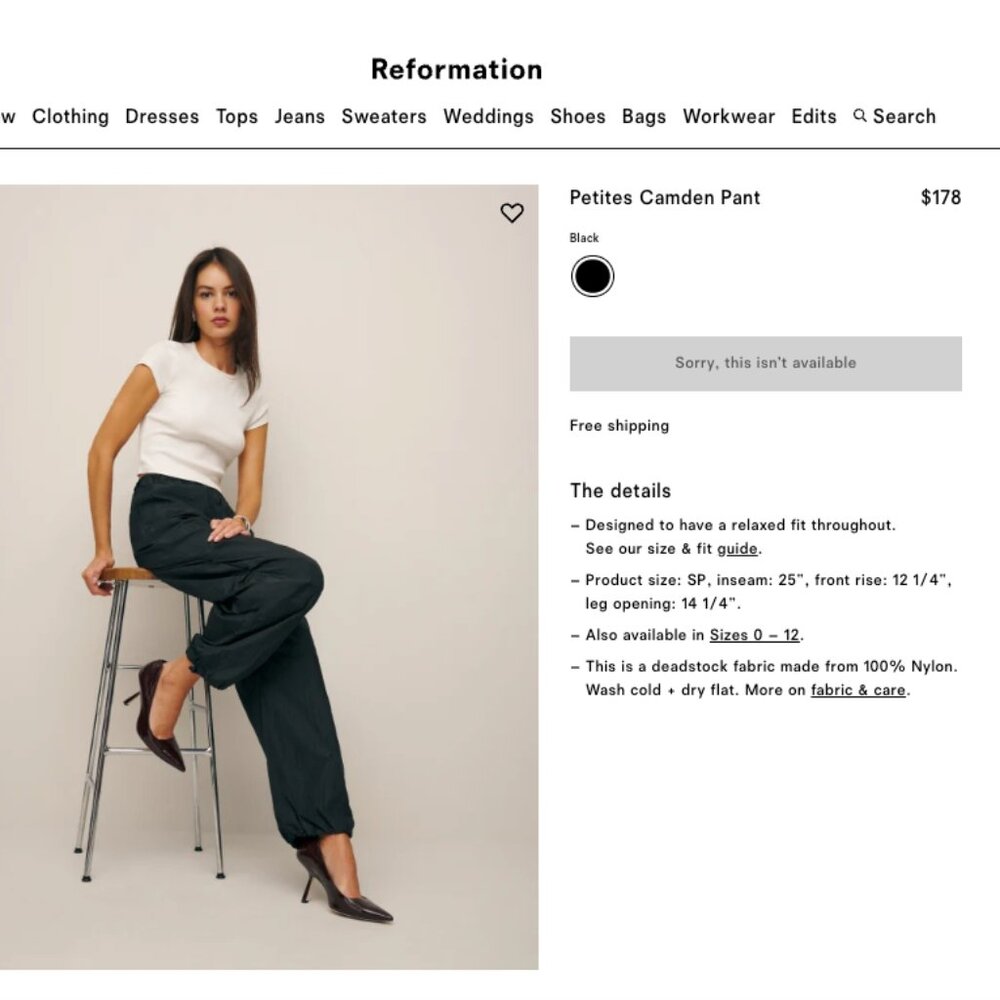 NWT Reformation Petites Camden Pant